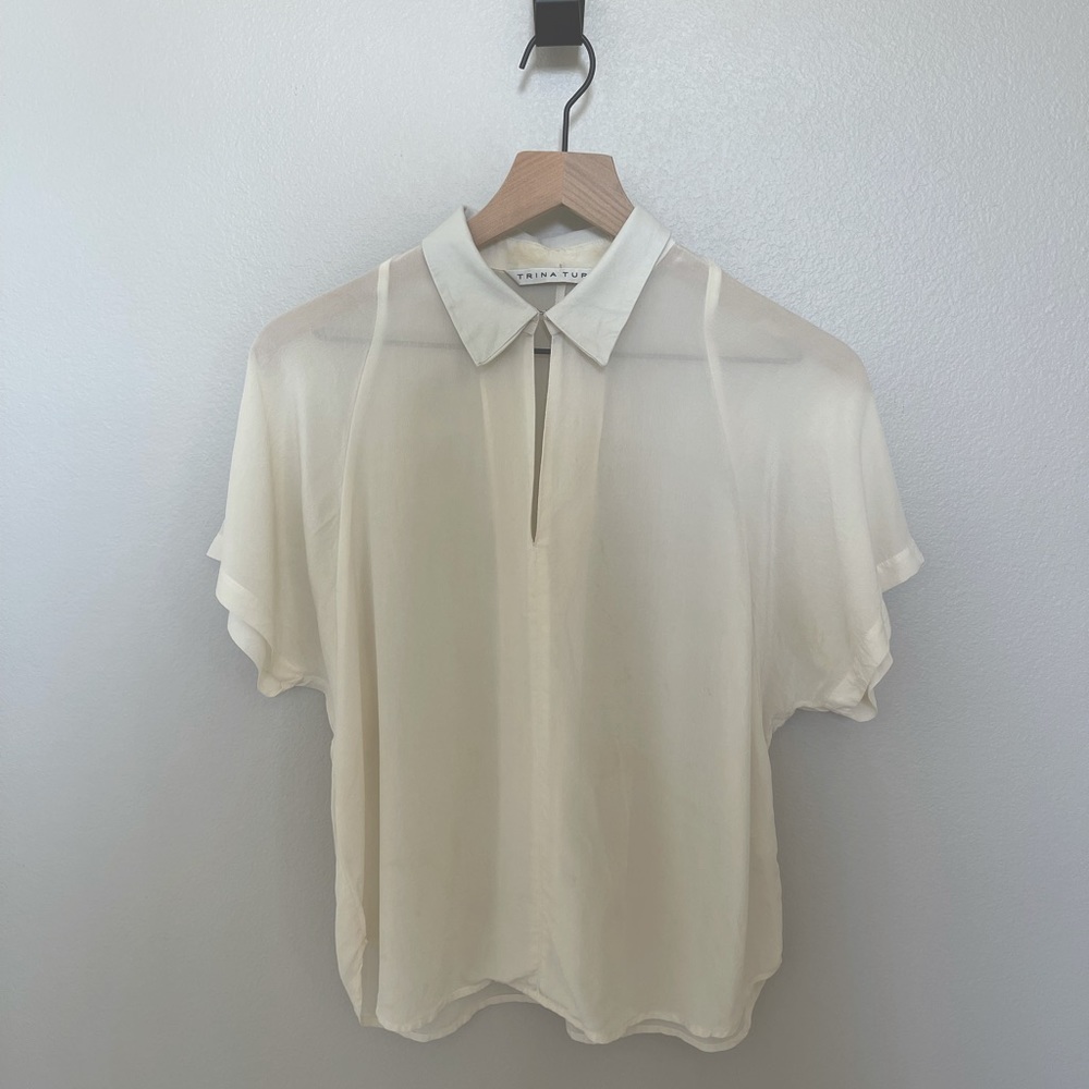 Trina Turk Ivory Sheer Blouse with Leather Collar